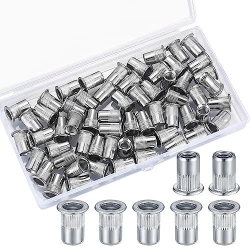 60 Piezas Tuercas Remachables, Tuercas de Remache de Acero Inoxidable, Tuerca Remache de Roscada de Cabeza Plana para Insertos de Muebles Madera Automóvil - M6