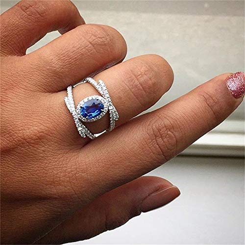 925 Sterling Silver Shiny Full Diamond Ring Oval Sapphire Cubic Zirconia Rings CZ Diamond Multi Row Ring Eternity Engagement Wedding Band Ring for Women (US Code 10)