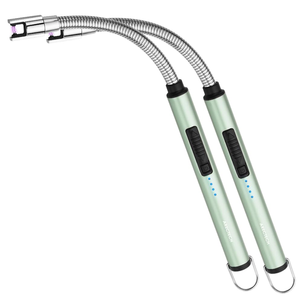 ARECTECH Electric Arc Candle Lighter Flameless Rechargeable USB Long Lighters for Candle Cooking BBQs Fireworks Green 2 Pack