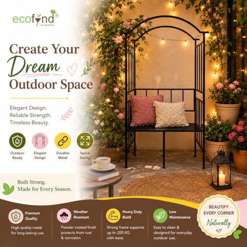 Image of ecofynd 6.8 Feet High 3.8 Feet Wide Garden Arch with 2-Seater Bench, Metal Arbor Trellis for Climbing Plant with Outdoor Garden Chair, Backdrop Stand for Wedding Lawn Backyard Party Decor (GC004-BLK)
