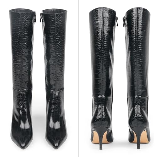 JOY IN LOVE Women's Knee High Tall Boots 2.75" Stiletto Heel Pointed Toe Zipper Boots3