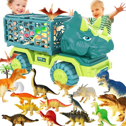 POPOYU 18 in 1 Dinosaur Truck Toys Boys,Large Triceratops Transport Car Carrier Truck with 12 Dino Figures