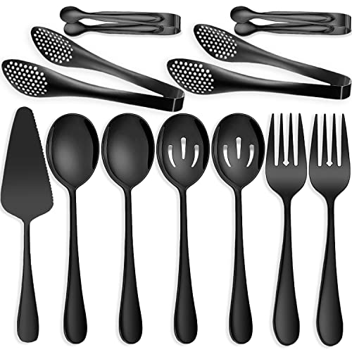 IAXSEE 11 PCS Serving Utensils Large Stainless Steel Spoons Forks Tongs Pie Server Great for Hostess Buffet Catering Banquet Party Black