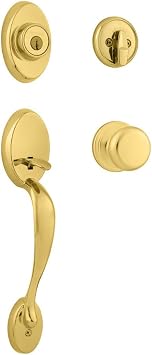 Kwikset Chelsea Front Door Lock Handle and Deadbolt Set, Entry Handleset Exterior with Interior Door Knob, Lifetime Polished Brass, Pick Resistant SmartKey Rekey Deadbolt Security