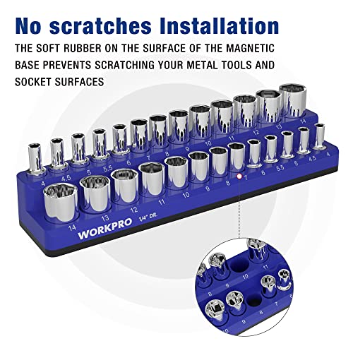 Image of WORKPRO Magnetic Socket Organizer, 1 /4-Inch Metric Socket Holder | Hold 26-Piece Sockets, Suitable for Standard and Deep Socket, Magnetic Base, No Scratches Installation, Sockets not Included