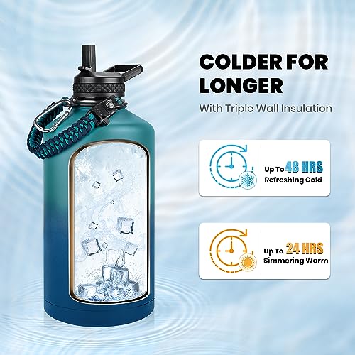 Image of RAYMYLO One Gallon Water Bottle Insulated, Triple Walled Vacuum Stainless Steel (Cold for 48 Hrs), Leak Proof & Non-BPA, Large Water Flask Jug with Paracord Handle & Straw Spout Lids