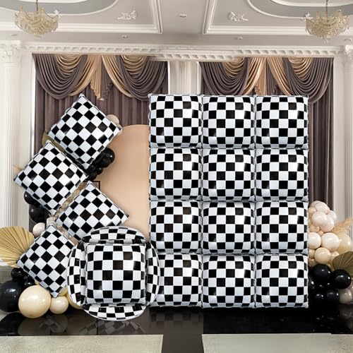 Image of 20Pcs Race Car Square Balloons Black and White Checkered Balloon Set for Boy Adult Wheel Tire Checkered Party Decoration for Racing Party Square Balloon Wall, Boys Birthday Favors 13.3In