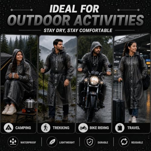 Image of Full Length Waterproof Raincoat for Men & Women | Hooded Transparent Rain Wear with Sleeves | Reusable Long Rain Jacket for Bike Riding, Travel, Camping & Monsoon Protection