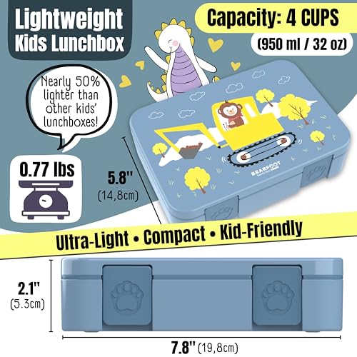 Image of BEARFOOT Kids Lunch Box with Compartments - Compact & Lightweight | Leak-Proof, BPA-Free, Dishwasher Safe | Hand-Drawn Design for Preschool, School, Travel (Excavator Monkey Blue, 4 Cups)