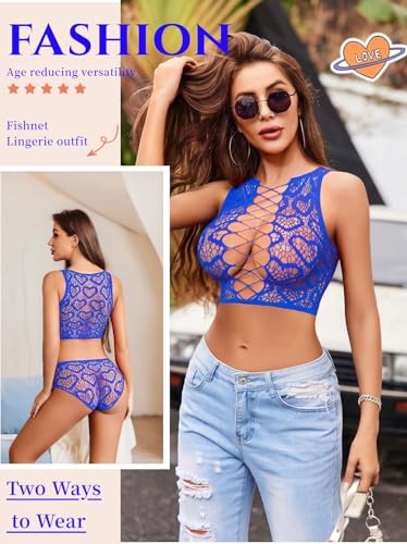 Image of Avidlove Womens Fishnet Lingerie Set Sexy Two Piece Lingeries Hollow Out Stripper Outfit Heart Print Mesh Crop Tops