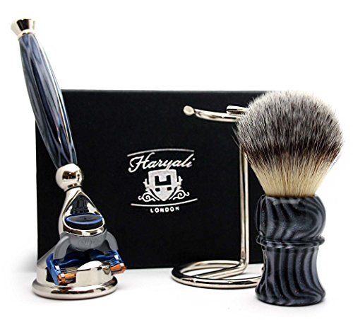 Haryali London 4 Pc Mens Shaving Kit 5 Edge Razor with Synthetic Badger Hair Shaving Brush, Stainless Steel Razor Stand and Brush Stand Perfect Set for Men
