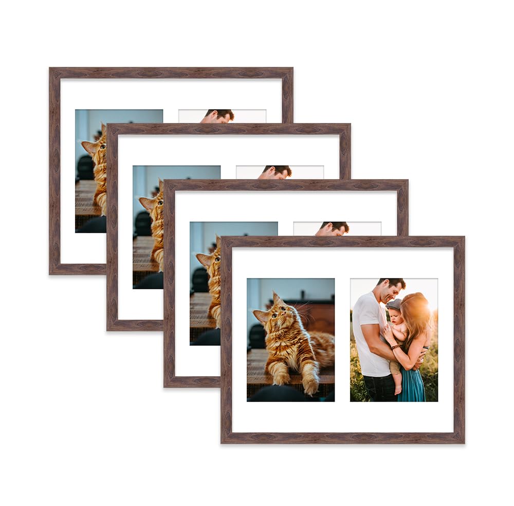 Walnut Multi Photo Frame - Holds 2 x 7x5 Pictures, Family Collage Picture Frame for Wall Display, 12x10 Frame size, Set of 4