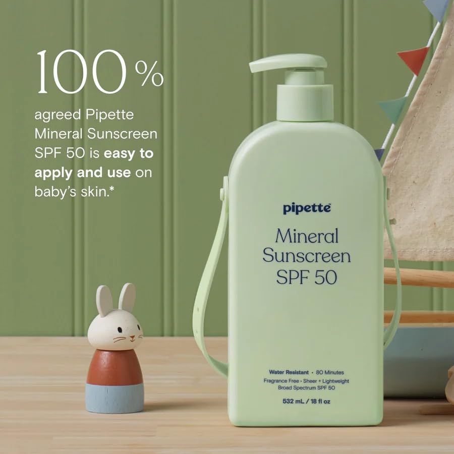 Image of Pipette Baby Mineral Sunscreen Lotion SPF 50, 18 Fl Oz (Pack of 1) | Water-Resistant Up to 80 Minutes, 100% Non-Nano Zinc Oxide, Broad Spectrum Protection for Babies, Kids & Family
