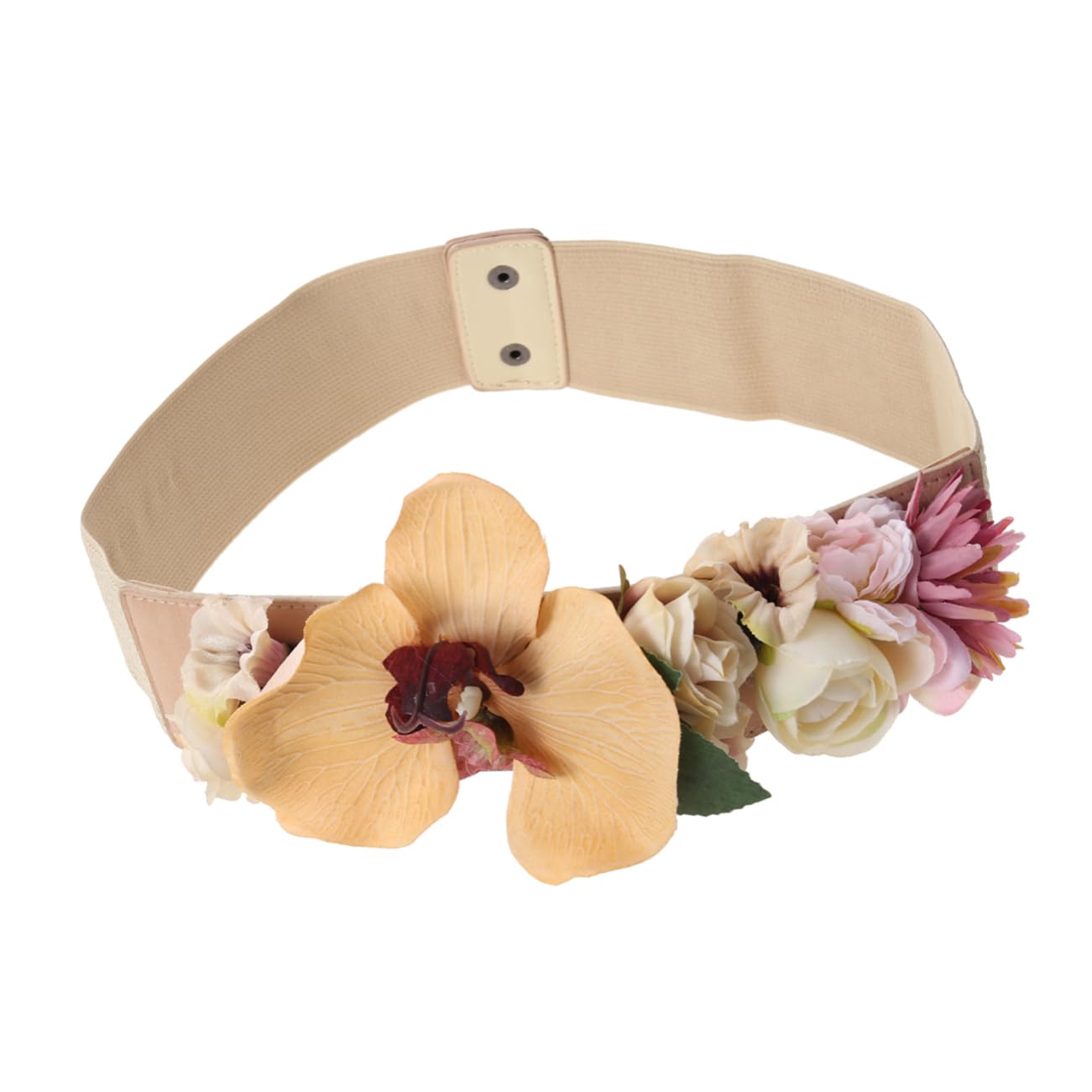 3piezas Cinturón De Flores Artificiales Para Mujer Banda Elástica Ancha Color Khaki Diseño Innovador Para Looks Únicos y Elegantes