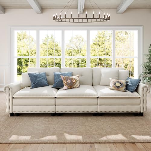 Image of SUNSHINE VALLEY 116.1 inch Modular Cloud Couch with Extra Wide & Deep Seats, Oversized 3-Seater Mid-Century Modern Couch with Nailhead Trim and Throw Pillows for Living Room, Linen Beige
