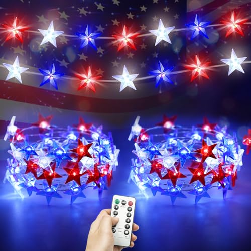 Ciyvotom 4th of July Decorations Patriotic String Lights, 2-Pack 20Ft 80 LED Red White and Blue Battery Operated Lights with Timer & Remote, Waterproof for Memorial Day, Independence Day Party Decor
