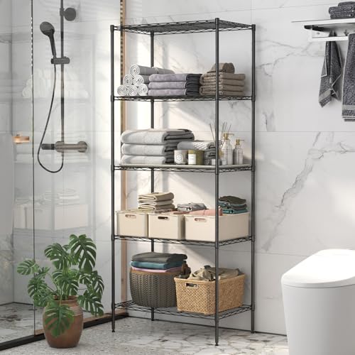 Image of BestOffice | 5-Tier Wire Storage Shelves | 14 x 24 x 60 | Black | with Adjustable Racks | Metal Shelf, Holds Upto 500 lbs | No-Tool Assembly | Ideal for Home & Garage Shelving