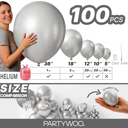 Image of PartyWoo Silver Balloons 100 pcs Different Sizes of 36 18 12 10 5 Inch Silver Balloon Arch Kit Garland for Birthday Graduation Bachelorette Engagement Bridal Shower Party Decorations Silver-G102