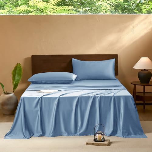 Image of EVERLY Twin Sheets Set, Sky Blue, 3 Piece | 400 Thread Count, Organic Viscose Derived from Bamboo, Cooling Sheets, Deep Pockets