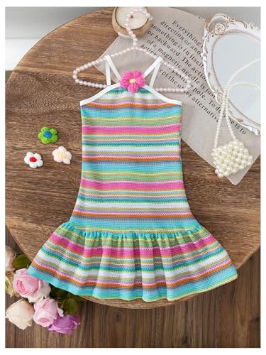 SOLY HUX Toddler Girl's Summer Dresses Striped 3D Floral Ruffle Sleeveless Short Dress Beach Vacation Clothes3
