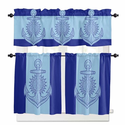 Navy Blue Anchor Kitchen Curtains 36 Inch Length,3 Piece Rod Pocket Small Half Tiers and Valance Set,Nautical Mandalas Boho Modern Abstract Small Large Window Treatment Decor for Bedroom/Bathroom