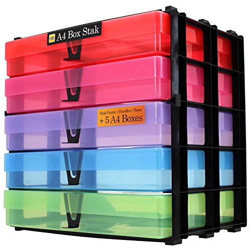 WestonBoxes - Sistema de almacenamiento apilado con sorteos, que incluye 5 cajas A4 - 18 litros de almacenamiento con una pequeña superficie de escritorio (Multicolor, Paquete de 1) Cover