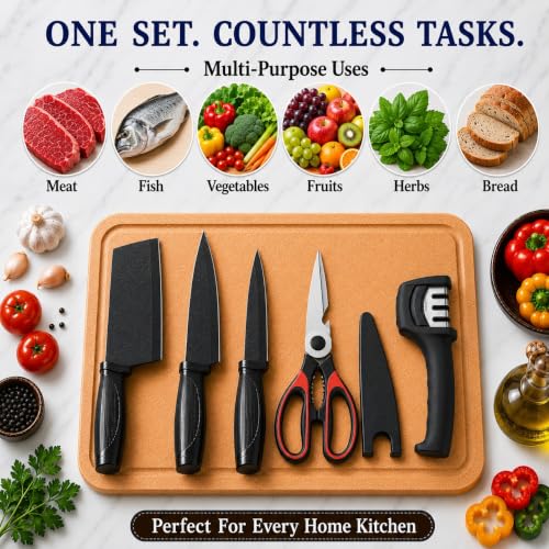 Image of SNMMIFER 5-Piece Kitchen Knife Set with Cleaver, Chef Knife, Utility Knife, Multipurpose Kitchen Scissors,Knife Cover & 3-Stage Knife Sharpener | Stainless Steel Cutting Combo Set (Black Combo)