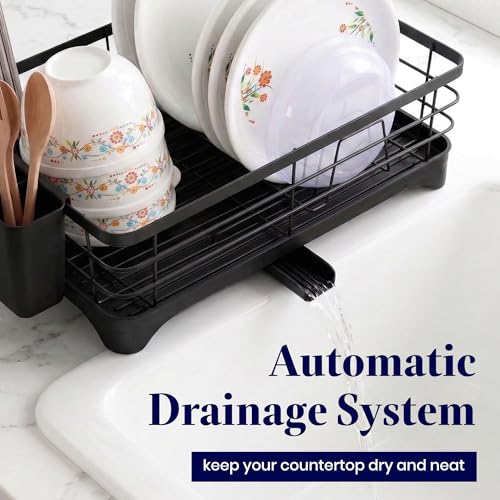 Image of Kuber Industries Stainless Steel Kitchen Drying Rack with Drain Tray & Cutlery Holder | Countertop Utensils Stand | Dish Rack for Kitchen | Bartan Stand | Black