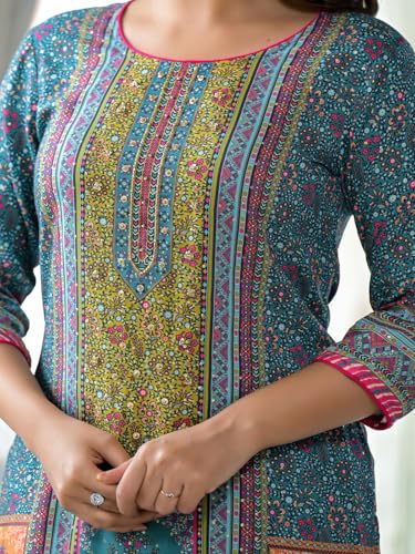 Image of Juniper Blue Floral Printed Liva Rayon Kurta with Beads & Sequins Work