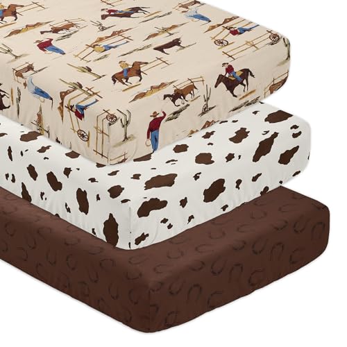 Image of Sweet Jojo Designs 3-Piece Baby Crib Sheets Set (Western Cowboy) for Boys, Infant Nursery, Toddler Room - Fitted, Standard Size (Horseshoe, Cow Print, Farm, Horse, Wild West, Country, Southern, Brown)
