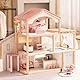 ROBUD Puppenhaus aus Holz,Puppen-Villa mit Möbel,Mit Aufzug, Garage, Pavillon und Schwimmbad,Geschenk für Kinder ab 3, 4, 5, 6 Jahren und älter,Rosa