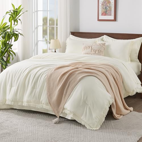 Image of Andency California King Size Comforter Set with Sheets Ivory - 7 Pieces Cal King Bed in a Bag Boho Bedding Sets, Ivory Bed Set with Comforter, Sheets, Pillowcases & Shams
