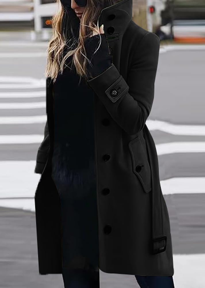 chouyatou Women's Single Breasted Stand Collar Wool Coat Business Casual Midi Long Winter Pea Coat - Image 2