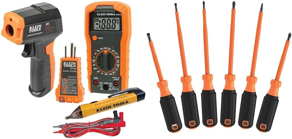 Klein Tools 4-Piece Electrical Test Kit with IR Thermometer, Multimeter, Voltage Tester and Receptacle Tester Plus 6-Piece 1000V Insulated Screwdriver Set