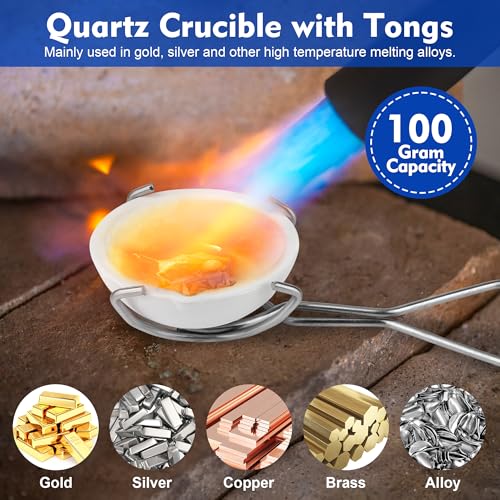 Coitak 9 Pieces Graphite Torch Melting Casting Kit, Including 2 Crucible Stir Stick, 5-in-1 Graphite Casting Ingot Mould, Quartz Crucible, Cylindrical Graphite, A Pair of Gloves, Tong for Melt