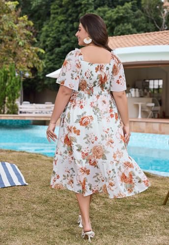 Image of Keluummi Plus Size Wedding Guest Maxi Dresses for Curvy Women, Summer Casual Boho Floral Smocked Empire Waist A Line Sundress