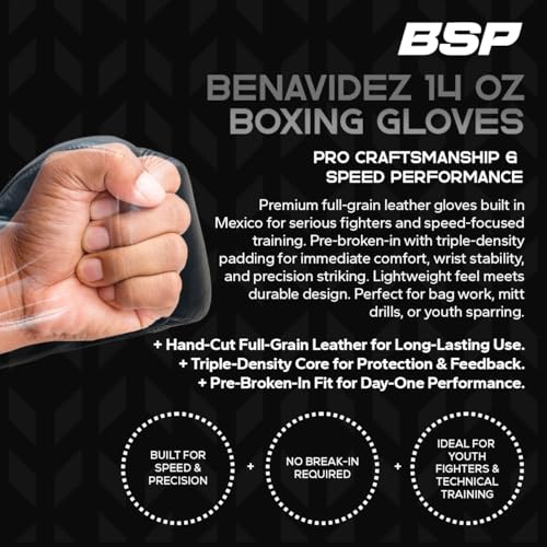 Image of Benavidez Hook-and-Loop Mexican Leather Boxing Gloves - Triple-Density Gel Padding, Pre-Broken-in Fit, 3-in Wrist-Lock All-Purpose Training & Sparring - 14 oz
