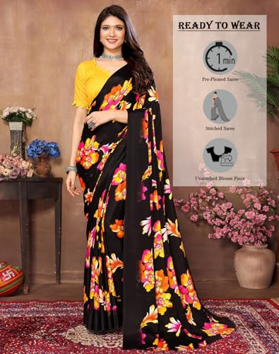 Image of Yashika Women's Tussar Silk Printed Ready To Wear one Minute Saree With Unstitched Blouse | 1 Minute saree | Ready To Wear sari | saree for women