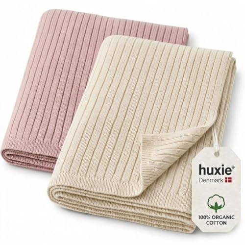 Image of Knitted Organic Cotton Baby Blanket- Swaddle Blanket, 30" x 40" Soft Receiving Blanket for Newborn 2-Pack (Ivory and Blush)