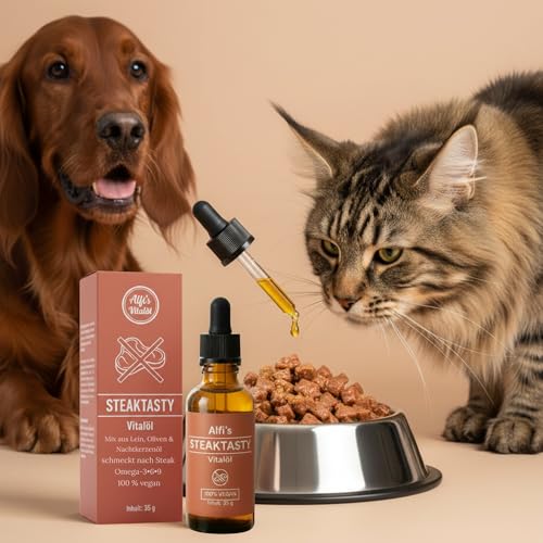 Alfi's Vitalöl Appetitanreger für Hunde & Katzen Steak Aroma – Geschmacksöl zur Unterstützung der Futterakzeptanz – mit Omega 3-6-9 aus Leinöl, Olivenöl & Nachtkerzenöl – 140 Portionen