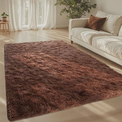 Coffee Brown 4x6 ft Fluffy Rug for Living Room,Fur Bedroom Area Rugs Non-Slip,Carpet for Nursery Kids PlayRoom Indoor Modern Plush Carpets