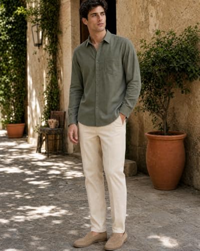 Image of Nobero Breezy Premium Linen Cotton Shirt for Men | Stylish Casual Shirts for Men | Semi Cut Collar | Box Pleat | Curved Hem | Regular Fit | Full Sleeve | S-XXXL