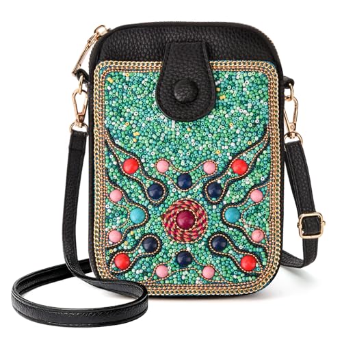 Ayuoejik Bolsa transversal feminina pequena para celular, carteira Boho com contas e estampas requintadamente feitas à mão, Miçanga azul, Decorativo