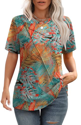 Image of XIEERDUO Womens Summer Tops 2026 Pleated Round Neck Short Sleeve Shirts Business Casual