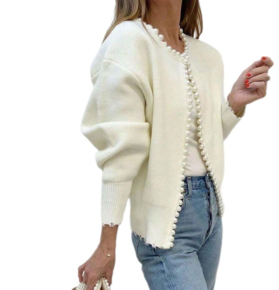 Womens Plus Size Pearls Beaded Cardigan Open Front Long Sleeve Casual Sweater Top