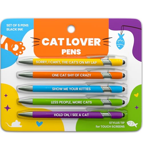 Image of rubyloo Funny Cat Lover Gift Pen Set - 5 Black Ink Ballpoint Pens with Stylus Tip & Metal Barrel with Kitty-Themed Quotes - Crazy Cat Mom Gifts for Women, Friends, Pet Owner, Coworker, Birthdays