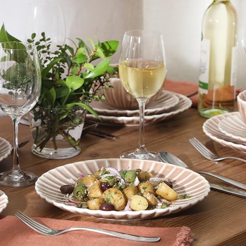 Image of Gibson Elite Peach Orchard 12-Piece New Bone China Dinnerware Set Service for 4, Embossed Fluted Plates and Bowls, Dishwasher and Microwave Safe, Mauve Rose