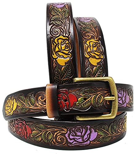 CHALLENGER 37-38 Western 1 1/2" Wide Rodeo Multicolor Rose Tooled Brown Leather Belt 26FK142