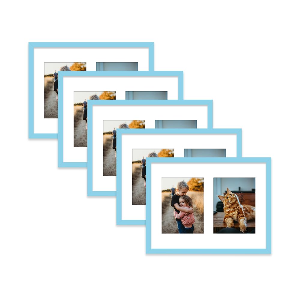 Light Blue Multi Photo Frame - Holds 2 x 8x6 Pictures, Family Collage Picture Frame for Wall Display, 16x12 Frame size, Set of 5