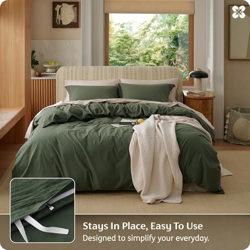Image of Bedsure 100% Washed Cotton Duvet Cover Queen Size - Olive Green Minimalist Bedding Set Linen Like - PureWoven Plain Simple & Soft Comforter Cover for All Seasons (Olive Green, Queen, 90 inchx90 inch)